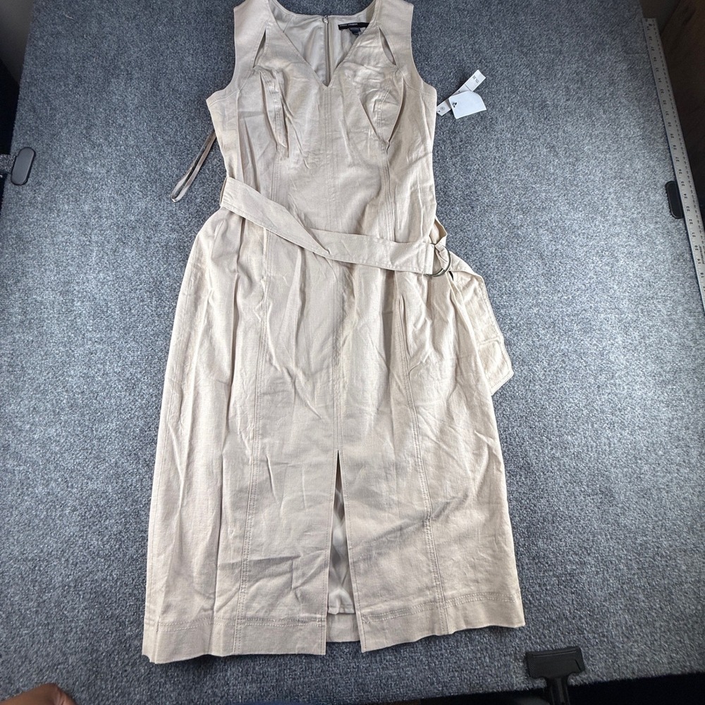 Maggy London Natural Linen Blend Belted V-Neck Midi Sheath Dress G2864M Size 14